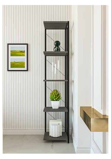 Alpa Ev Mobilya 5 Katlı Kare Raflı Metal Köşe Raf, Dekoratif Kitaplık Ve Modern Saksılık Antrasit