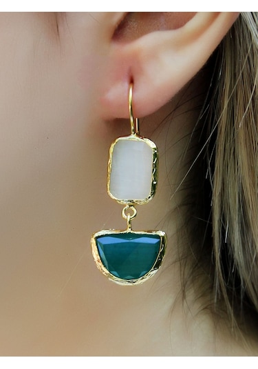 İkili Model Kedigözü Cam Sallantılı Kadın Küpe Euku26y Yeşil