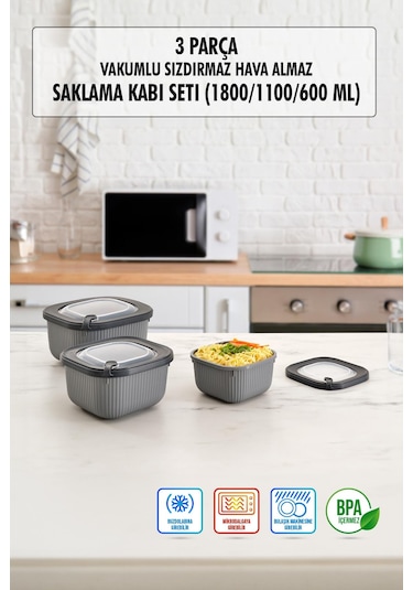 Kare 3 Parça Vakumlu Sızdırmaz Hava Almaz Saklama Kabı Seti Füme 1800/1100/600 Ml Füme