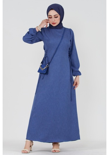 Yanı Bağcıklı Keten Elbise-mavi-3368-mavi Mavi