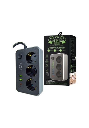 İronstar Irp3001 2 Metre 3 Adet Usb Girişli 3 Metre Kablolu Akım Korumalı Priz