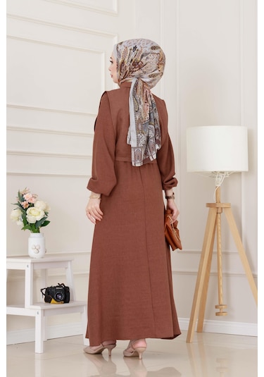 Yanları Bağlamalı Elbiseli Takım-kahverengi-5021 Kahverengi