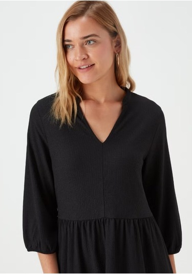 Kadın Siyah Jarse V Yaka Truvakar Kol Mini Elbise 2475 Siyah