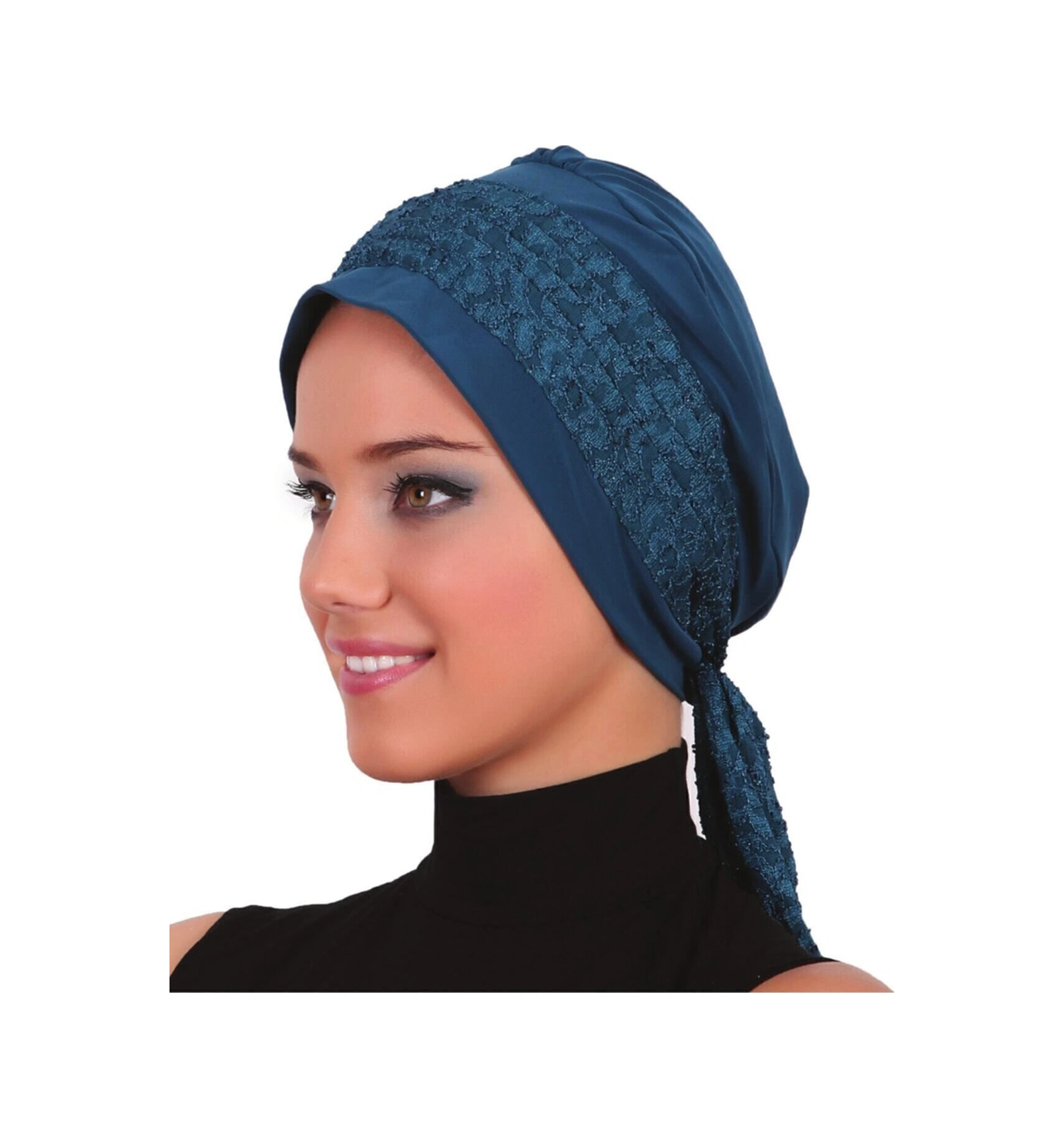 Dantel Bandana Petrol Hazır Türban Tesettür Bone Petrol