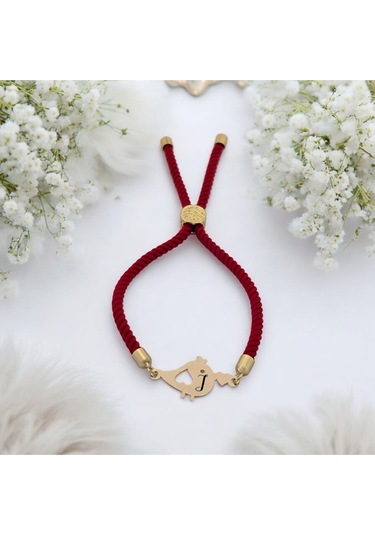 Archin J Harfine Özel Minik Kuş Motifli Kırmızı Örgülü 14 Ayar Altın Plakalı Hediye Bileklik-363harf J