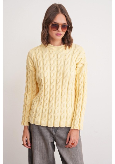 6973 Kadın Saç Örgülü Regular Basic Triko Kazak Pastel Sarısı Pastel Sarısı
