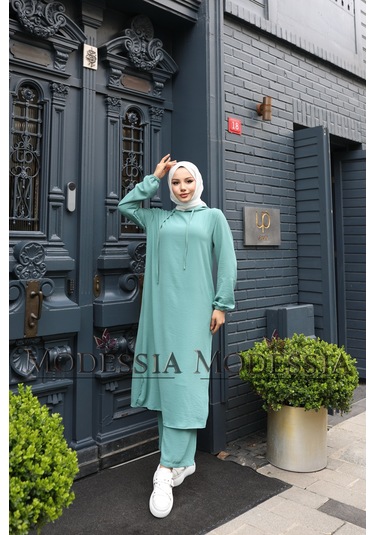 Kadın Mint Yeşili Aerobin Uzun Kapşonlu İkili Takım T0220 Mint Yeşili