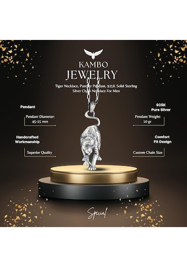 Kaplan Kolye, Panter Kolye Ucu, 925 Ayar Katı Gümüş Zincir Kolye Erkekler İçin Gümüş