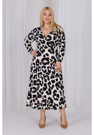 Kadın Vizon Siyah Leopar Desen Kruvaze Yaka Büyük Beden Esnek Maxi Elbise Vizon
