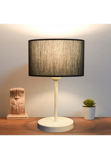 Neva Beyaz Metal Ayaklı Modern Abajur Silindir Siyah Kumaş Başlık Siyah