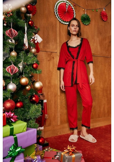 Defacto Fall in Love Yılbaşı Temalı Kırmızı Wrap Yaka Sabahlık B7696AX23WNRD119 Kırmızı