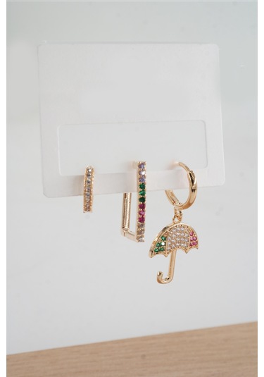 By Zeyna Aksesuar Kadın Vip Seri Zirkon Taşlı 3'lü Küpe-4596 Altın