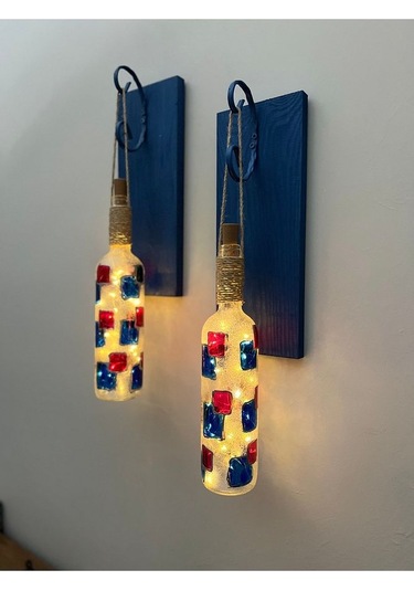 Led Işıklı Koyu Mavi Renkli Vitray Cam Salon Bar Bahçe Dekoru Şar Çok Renkli