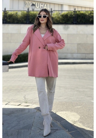 Kadın Pembe Astarlı, Kruvaze Ceket Yaka, Tek Düğme, Rahat Kalıp, Fitilli Kaşe Kumaş Kaban Pembe
