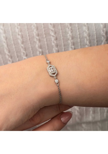 Gümüş Altıgen Baget Taşlı Kadın Bileklik Gümüş