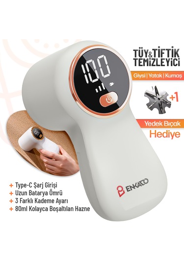 Şarjlı Tüy Tiftik Temizleme Cihazı Dijital Ekranlı Tiftik Alma Makinesi 3 Kademeli Tüy Toplayıcı Beyaz