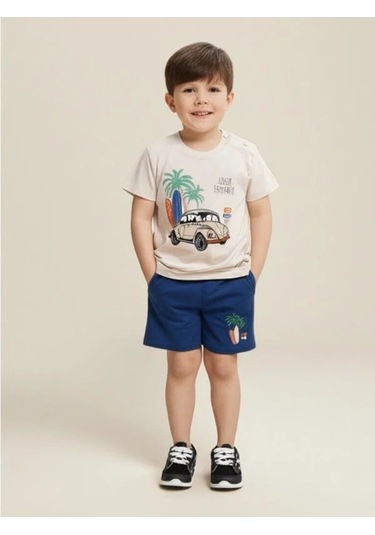 Erkek Bebek Pamuklu Araba Baskılı Şortlu Takım-15827 Bej