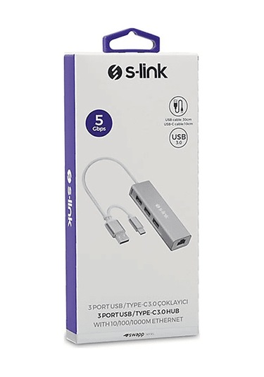 S-lınk Type-c -usb 3.0 1000mbps 3 Port Usb Gigabit Ethernet Adaptör Gri