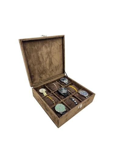 Saat Kutusu 9 Lu Kapalı Alkantara Kahve Siyah