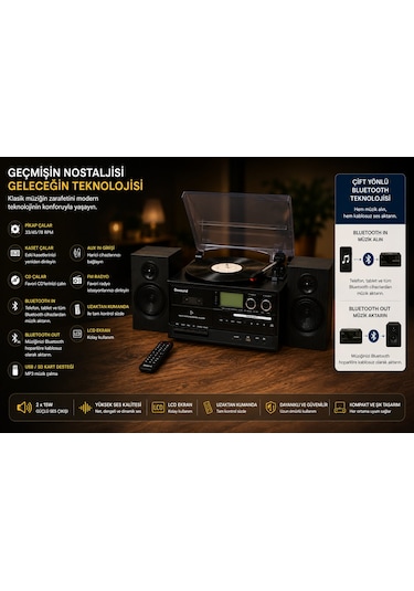 Dosound Tr-18 Ahşap Hoparlörlü Pikap Çalar Kaset Cd Bluetooth Usb Sd Müzik Sistemi 1 Adet