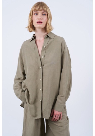 Kadın Keten Gömlek Pantolon Takım Yağ Yeşili