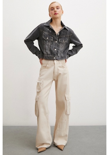 Never More Sırtı Nakışlı Kot Mont Antirasit Antrasit