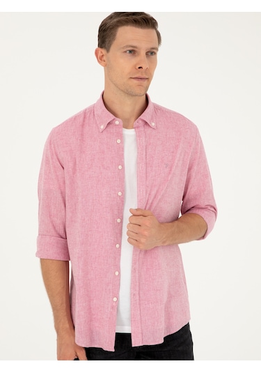 Cacharel Kırmızı Slim Fit Keten Karışımlı Gömlek