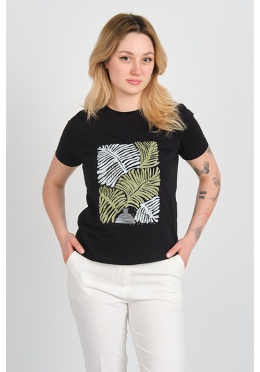 Sistas Kadın Baskı Desenli Kısa Kollu Pamuklu Bluz 24099 Siyah Siyah