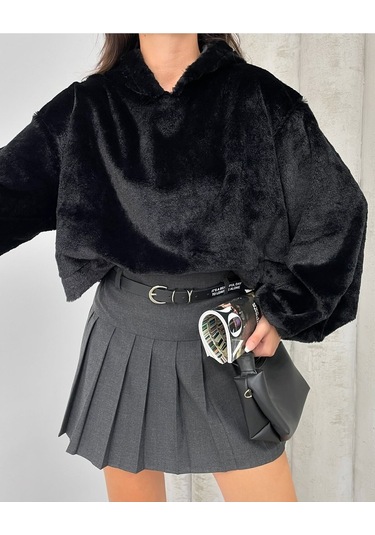 Kadın Crop Boy Yumuşacık Balon Uzun Kol Kapüşonlu Şık Kısa Sweatshirt Siyah