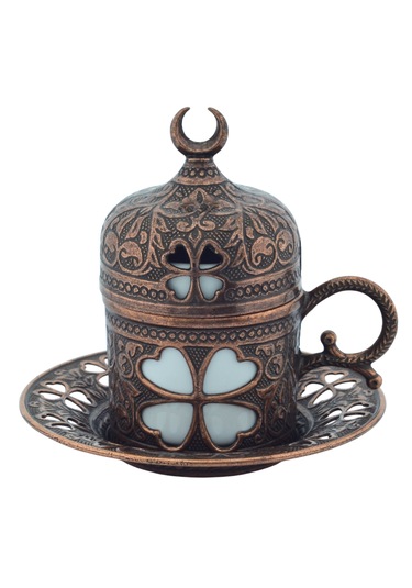 Yonca Desenli 6 Kişilik Porselenli Kapaklı 24 Parça Bakır Renk Fincan Seti Bakır