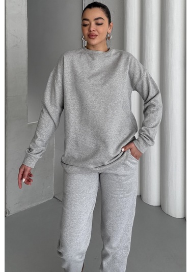 Modagen Kadın Grimelanj Bisiklet Yaka Düz Alt-üst Eşofman Takım Griii