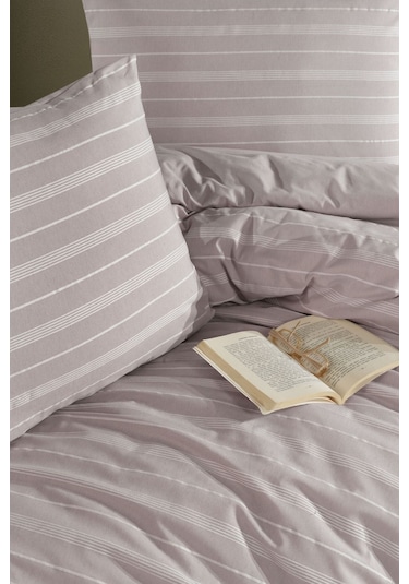 Varol Lastikli Saten Çizgili Çift Kişilik Nevresim Takım Taş