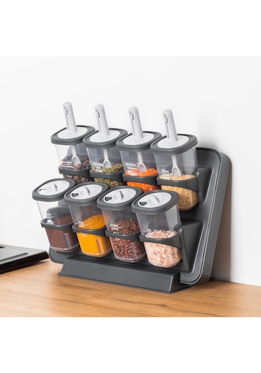 Porsima 1117 Standlı Kaşıklı 360° Döner Kapaklı Baharatlık Seti Antrasit - Gri