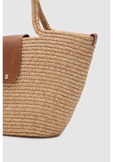 Shule Bags Duffy Kapaklı Handmade Hasır Tote Çanta Vizon Vizon