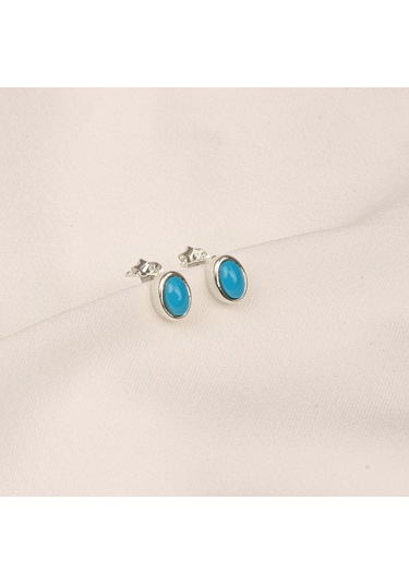 Altın Küpe - 14 Ayar Altın Firuze Turkuaz Taşlı Oval Küpe Sarı