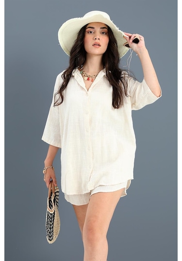 Pamuk Keten Şort Gömlek Kadın İkili Takım - Taş-taş Taş