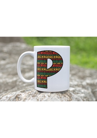 P Harfi Etnik Desenli Kupa - Afrika Tarzı Kahve Çay Kupası - Hediyelik - Black History Beyaz