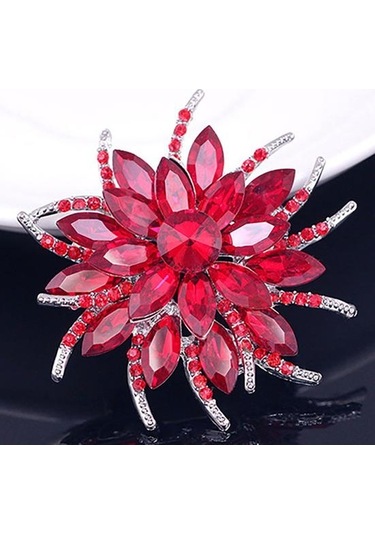 Kırmızı Düğün Gelin Büyük Çiçek Parlak Rhinestone Bayan Eşarp Broş Pin Takı Dekor