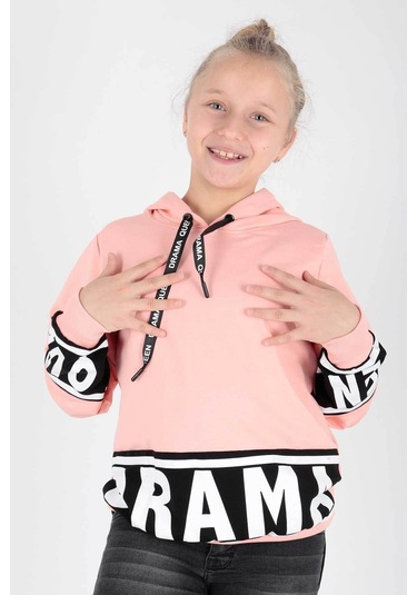 Ahengim Kız Çocuk Drama Baskılı Kapüşonlu Sweatshirt Ak13433 Somon