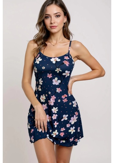 Hello Papana Hello Papana Çiçek Desenli Mavi Askılı Gecelik Çok Renkli