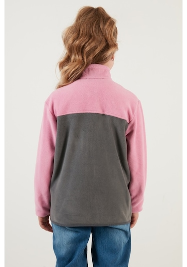 Lela Yumuşak Dokulu Fermuarlı Renk Bloklu Dik Yaka Cepli Hırka Unisex Çocuk Polar 5905001 Şeker Pembe-Gri