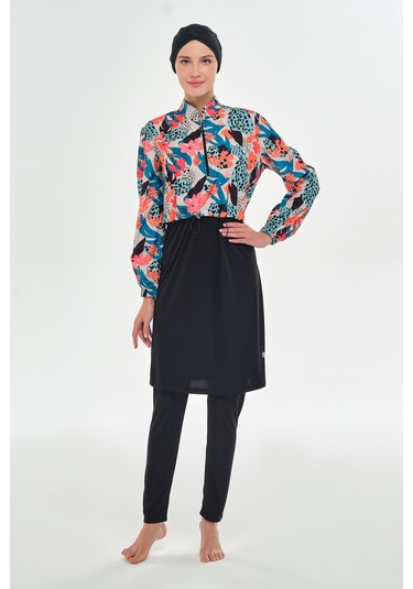 Tam Kapalı Tesettür Mayo Yarım Desenli 3401 Siyah Siyah