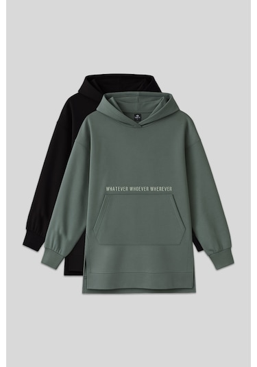 Oversize Kapüşonlu 2li Paket Siyah-çağla Kadın Tunik Sweatshirt - 97163 Siyah - Yeşil