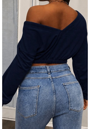 Tarz Cool Kadın Omuz Dekolteli Lastikli Crop Sweatshirt %100 Pamuk Lacivert