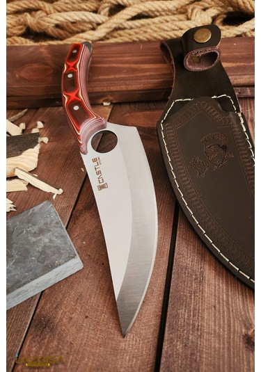 Outdoor Piknik Kamp Bıçağı Çakısı Kılıflı El Yapımı Verzalit Sap Kahverengi