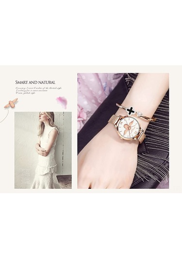 Yunboo 31mm Gümüş Çelik Kordonlu Kadın Kol Saati, Japon Quartz Hareketli, 30m Su Geçirmez, Pembe Altın Gövde Ve Gösterge, Analog Ekran, Flip Kapanma Kapanak Çok Renkli