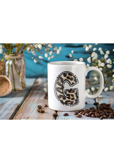 G Baş Harf Leopar Desenli Kupa Bardak - Kişiye Özel Feminen Konsept Hediye - Vahşi Hayvan Desenli Beyaz