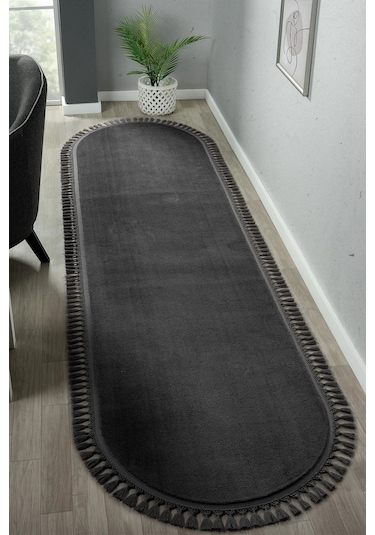 Puffy Gri Oval Örgü Saçaklı Peluş Yumuşacık Yıkanabilir Kaymaz Taban Halı Salon Oturma Odası Antrasit