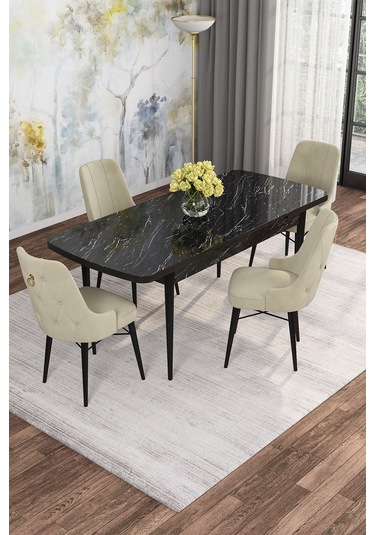 Mona Siyah Mermer 80x132 Açılabilir Mdf Masa Yemek Odası Takımı, Mutfak Takımı 4 Adet Sandalye Siyah Mermer - 4 Krem - Siyah Ayak Mona Siyah Mermer 80x132 Açılabilir Mdf Masa Yemek Odası Takımı, Mutfak Takımı 4 Adet Sandalye Siyah Mermer - 4 Krem - Siyah Ayak