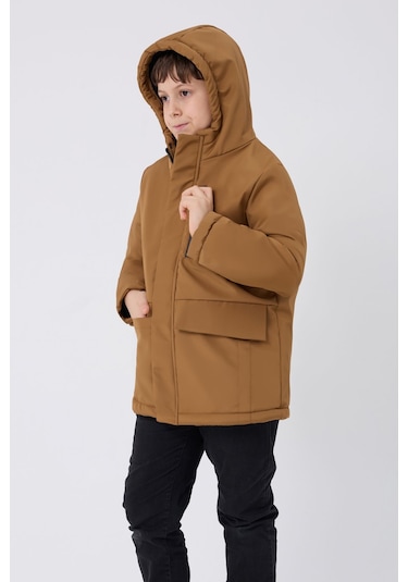 Erkek Çocuk Taba Içi Kürklü Su Ve Rüzgar Geçirmez Kapüşonlu 3 Cep Kışlık Mont & Kaban & Parka Taba